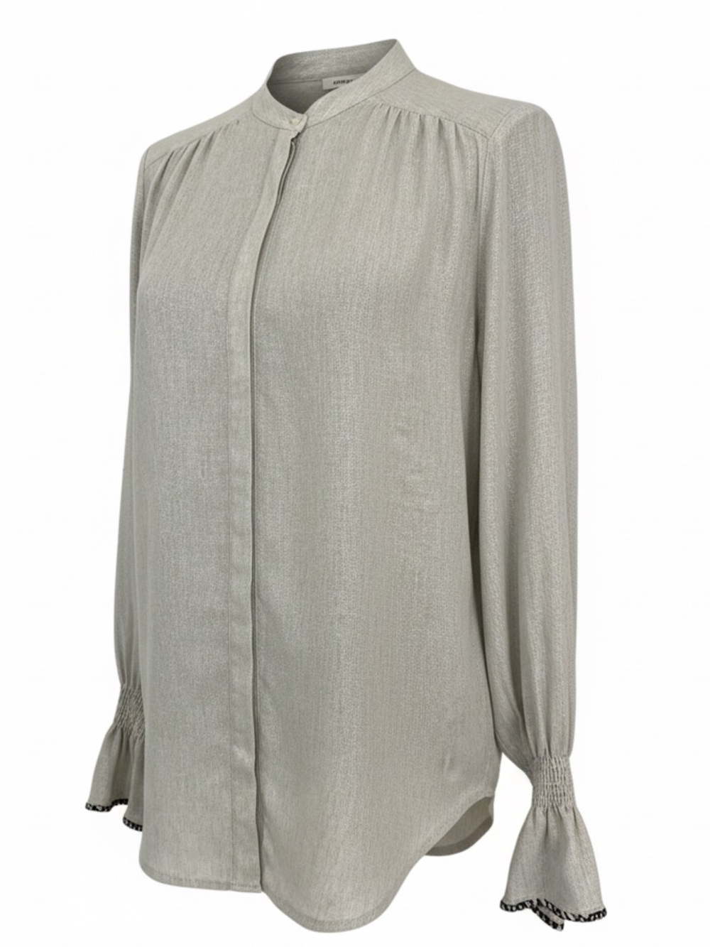 0039 Italy Silk Blend Light Gray Mandarin Collar Blouse with Smocked Cuffs